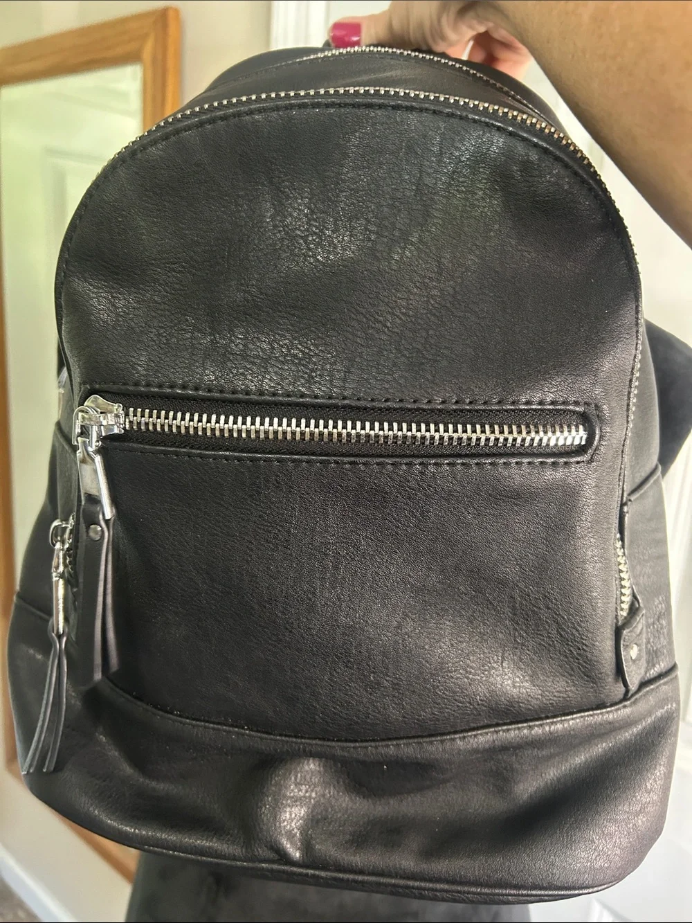 MMS Design Studio Black Leather Mini Backpack with Silver Zippers